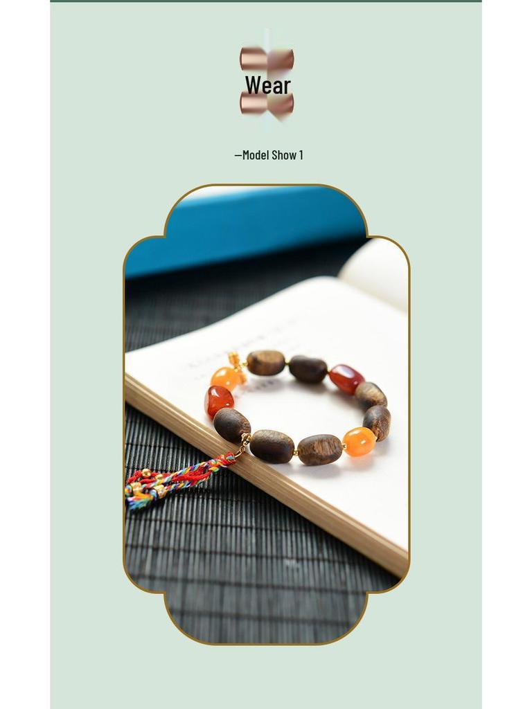 Natural Agarwood, Qinan, Nanhong Agate, Amber, and 925 Silver Vajra Bracelet (No Oil Injection)