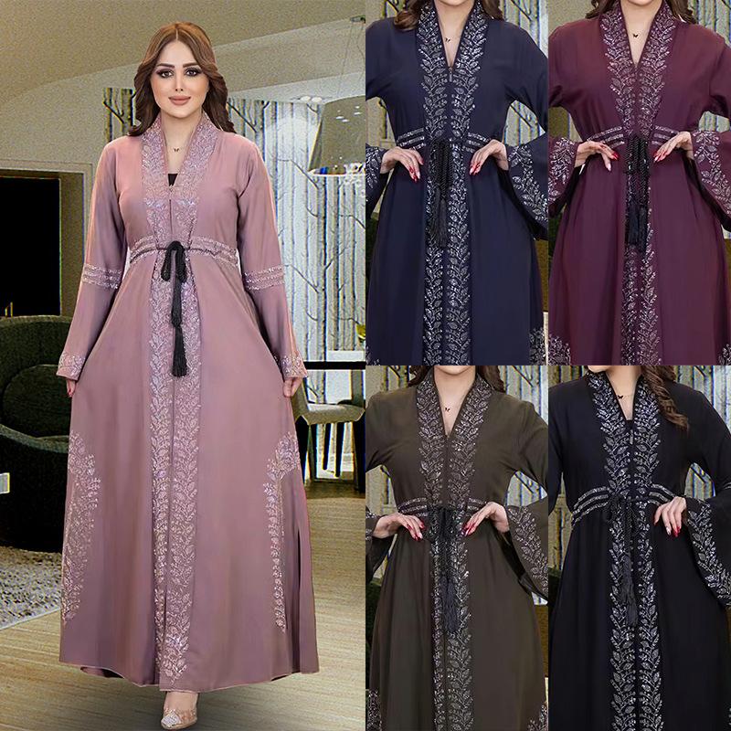 Arabian Style Long Sleeve Bell Bottom Dress Cardigan Robe Large Size Women's Fashionable Casual Geometric Patterned Gown