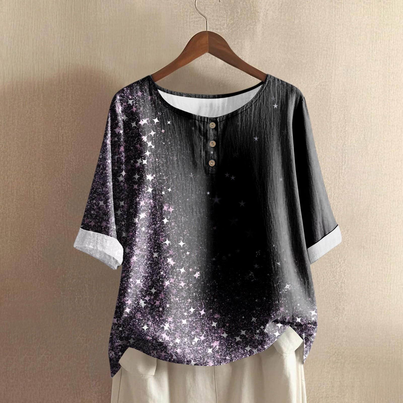 Women s Casual Mid-sleeve Round Neck Retro Floral Print Cotton And Linen Top XL тёмно-синий