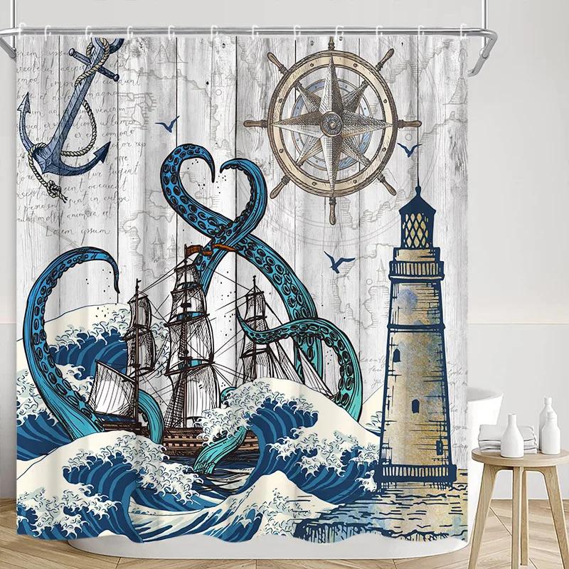 Vintage Nautical Shower Curtain Lighthouse Ship Anchor Octopus Starry Sailboat Adventure Polyester Fabric Bathroom Decor Curtain