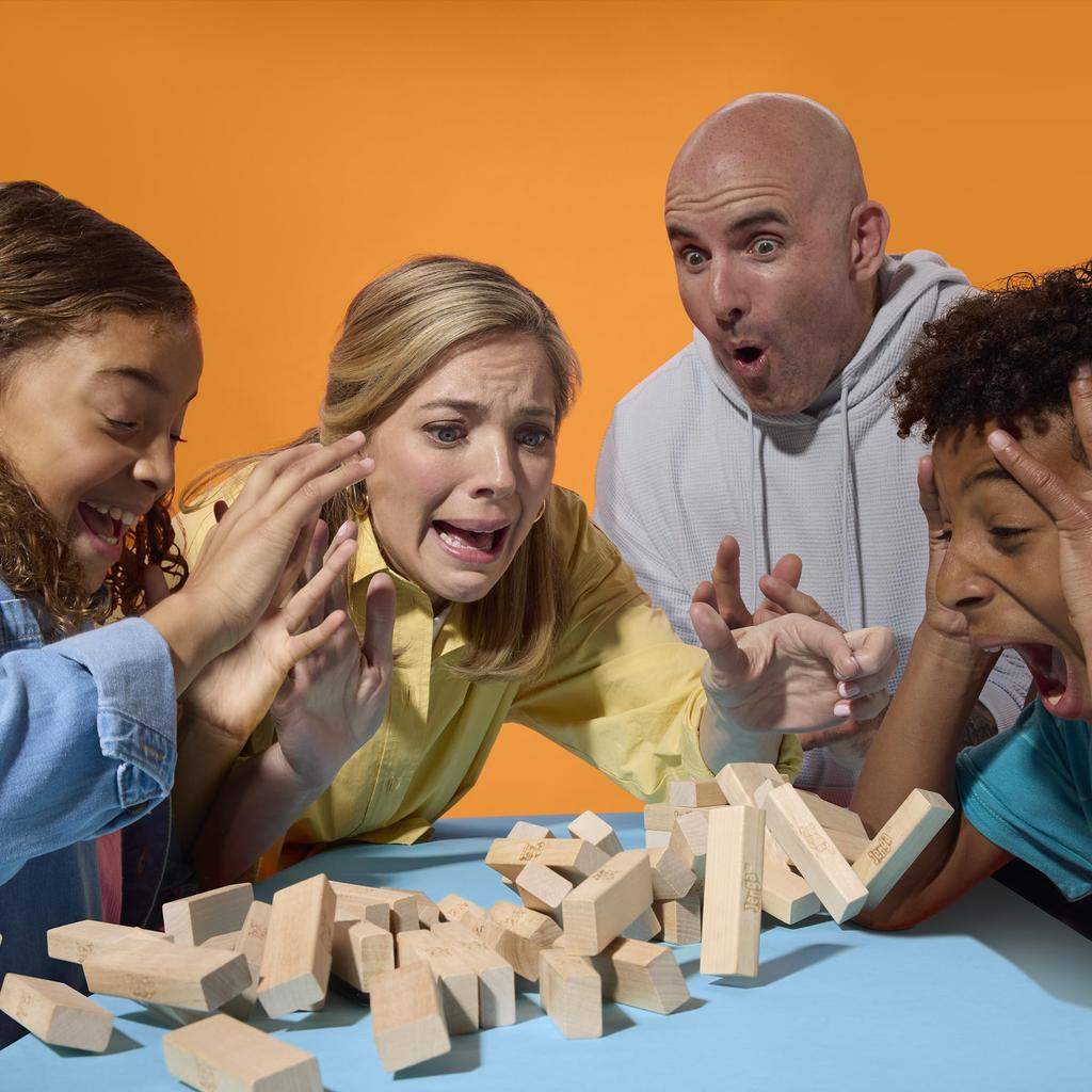 Oficjalna Hasbro Jenga Drewniana Wieża z Klocków Gra Imprezowa z Aplikacją Webową do Gry Wieloosobowej Wiek 6+ i Pojedynczy Autentyczny Produkt (2025) Style, Do góry,