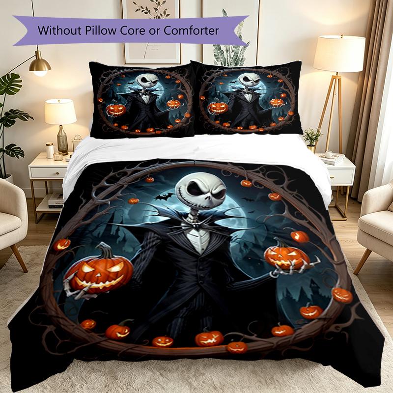 3pcs Halloween Jack Sally Skull Bedding Set for All Season Use, Cozy Printed Bedclothes Suitable For Bedroom Ideal Birthday Gift for Family