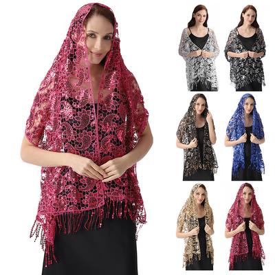 Schal mit Spitze und Pailletten für Abendkleider, Hochzeitsdekoration, Schal, eleganter Hijab-Überzug für Ramadan-Festivals, bescheidener Damenschal mit Blumenmuster