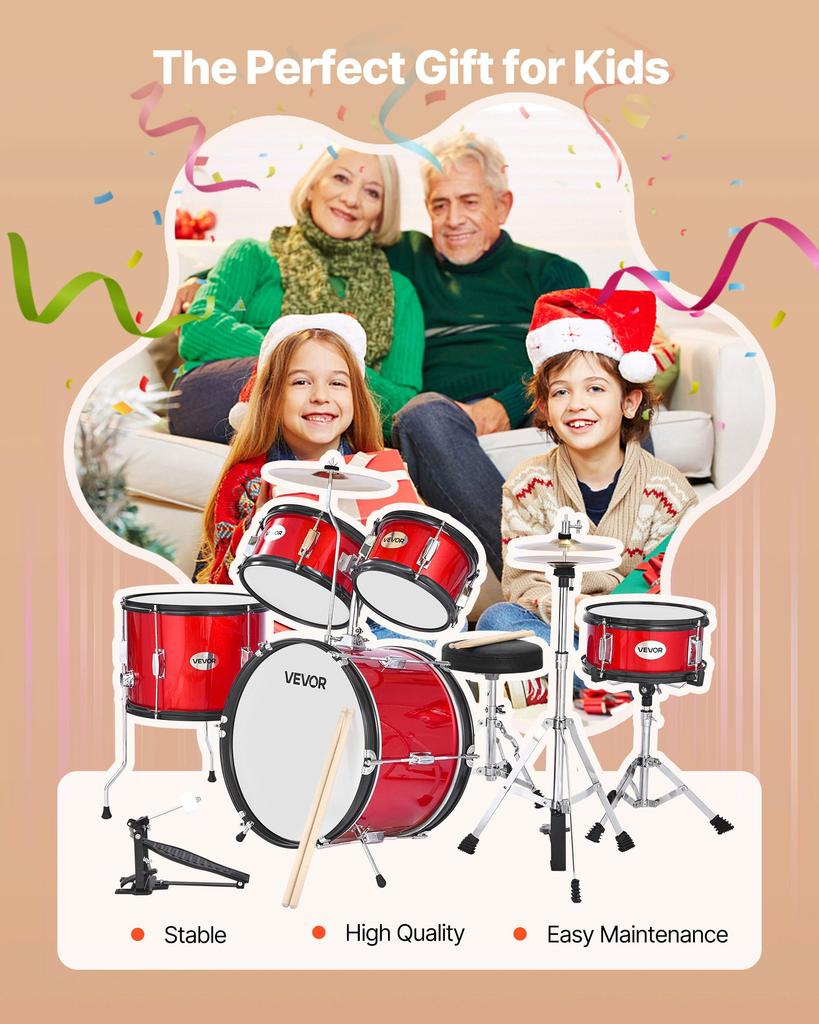 VEVOR Kids Drum Set, 5-Piece 16 in / 406.4 mm Junior Drum Sets, Beginner Drums Set with Adjustable Throne and Two Pairs of Drumsticks
