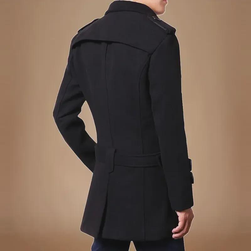 Men's Mid-Length Woolen Double-Breasted Windbreaker with Velvet Lining - Autumn/Winter 2021 Trend