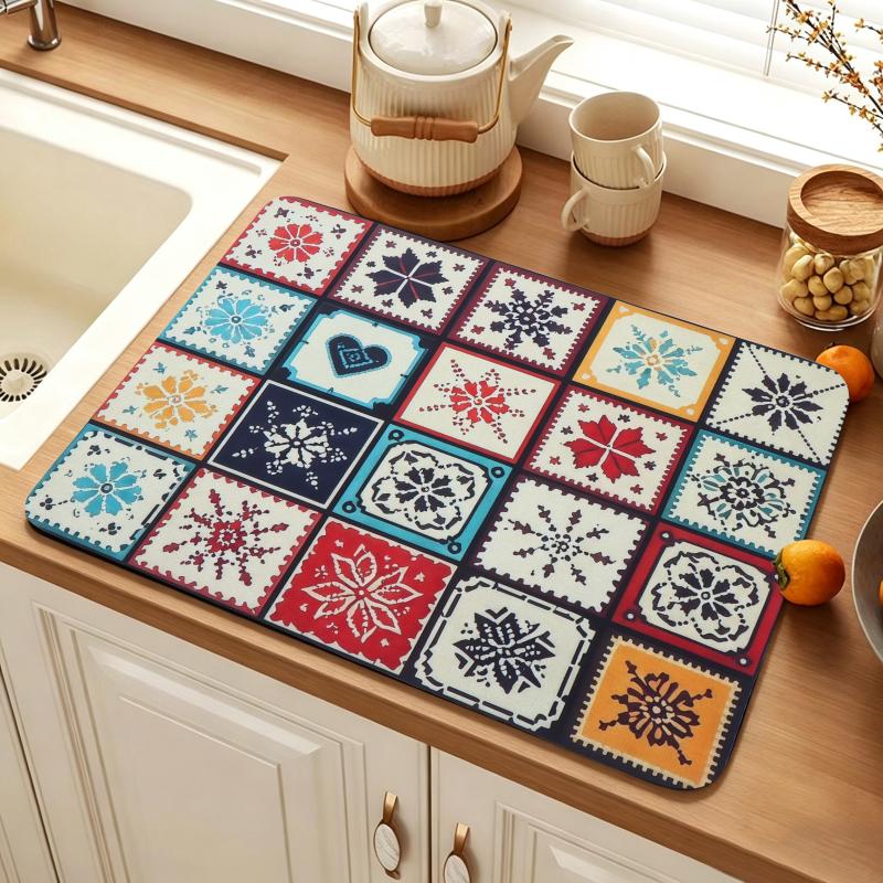 Bohemian Tile Pattern Non Slip Kitchen Drying Mat Water Resistant Countertop Dish Draining Pad for Small Cafe Use