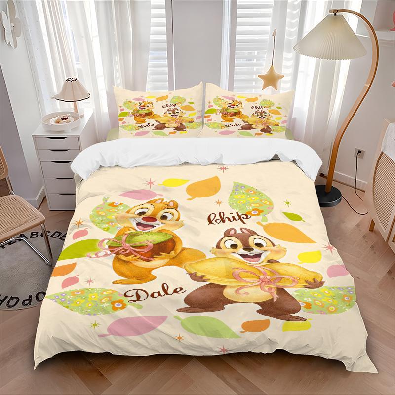 3pcs Nuts Chip 'n' Dale Cartoon Design Bedding Set 1 Soft Quilt Cover + 2 Pillowcases, Machine Washable Suitable for All Seasons,S062