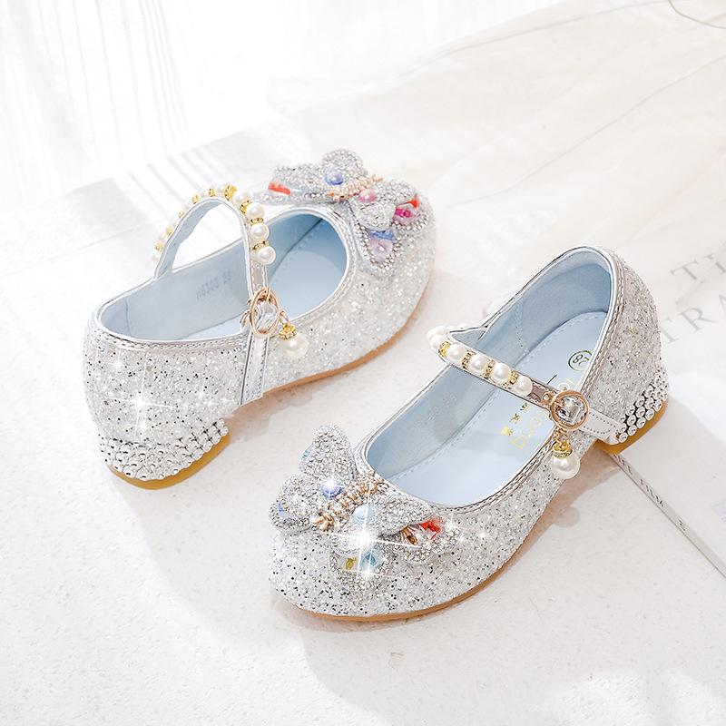 Girls' Princess Butterfly Crystal High Heel Shoes - Spring & Autumn Fashion Leather