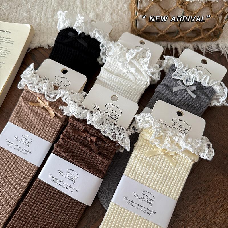 Girls' Tube Socks Japanese Lolita Lace Bow Pile Pile Socks Ballet Style Double Needle Children's Cotton Socks