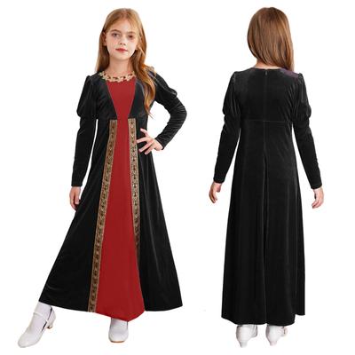 Girls Renaissance Princess Dress Medieval Velvet Costume Long Sleeve Gold Flower Patchwork Retro Roman Gown