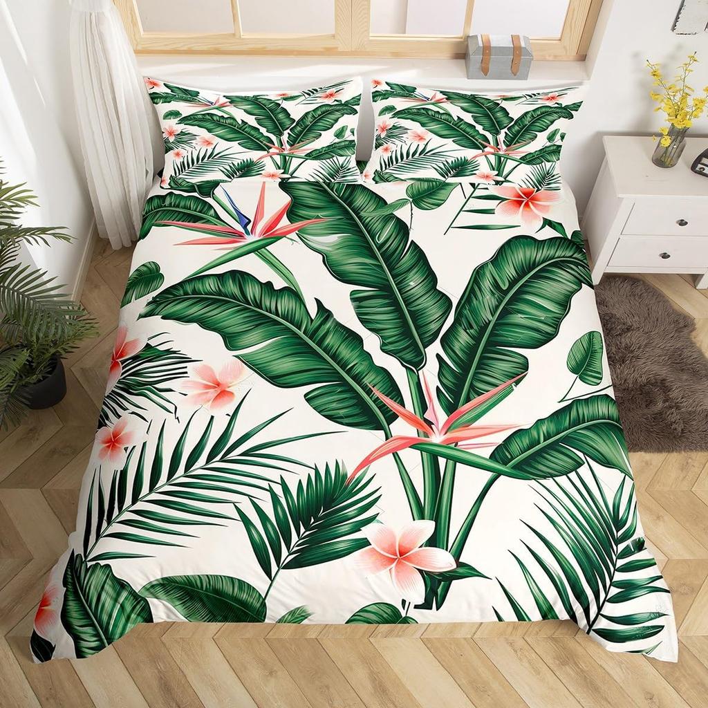 Hibiscus Duvet Cover Twin Colorful Rose Of Sharon Bedding Set,Botanical Floral Comforter Cover Tropical Palm Leaves Quilt Cover