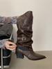 Pointed pleated thick heel trouser boots women's niche design feeling belt buckle high knight boots but knee spice girl boots