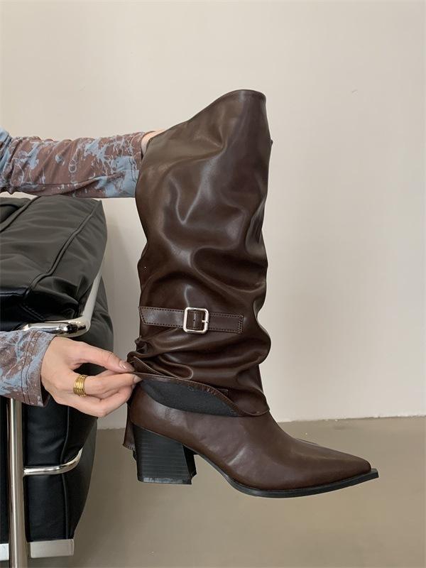 Pointed pleated thick heel trouser boots women's niche design feeling belt buckle high knight boots but knee spice girl boots