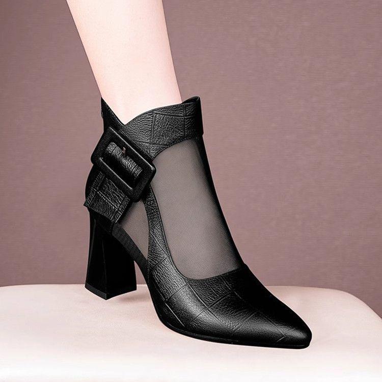 2025 Summer Women's Sexy Leather Mesh Cutout High Heel Sandals - Chunky Heel, Closed Toe, Chic and Cool Design