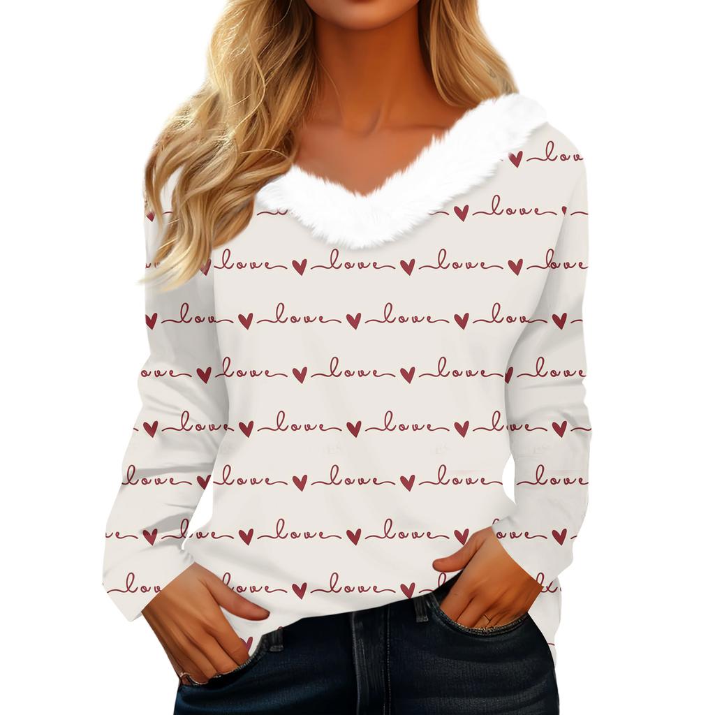 Women's Valentine's Day Printed Long-Sleeved Shirt, V-Neck, Casual Loose-Fitting T-Shirt Top