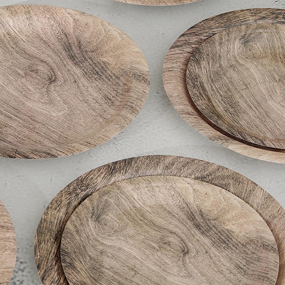 10pcs Round Disposable Dish Vintage Paper Food Tray Imitation Wood Grain Disposable Plate  Picnic