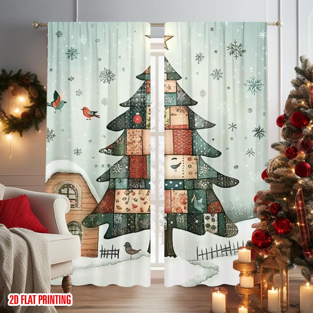 2pcs 2D Flat Printing Merry Christmas Party Curtains Christmas Trees7 100% Polyester Without Electricity Party Decorations Use