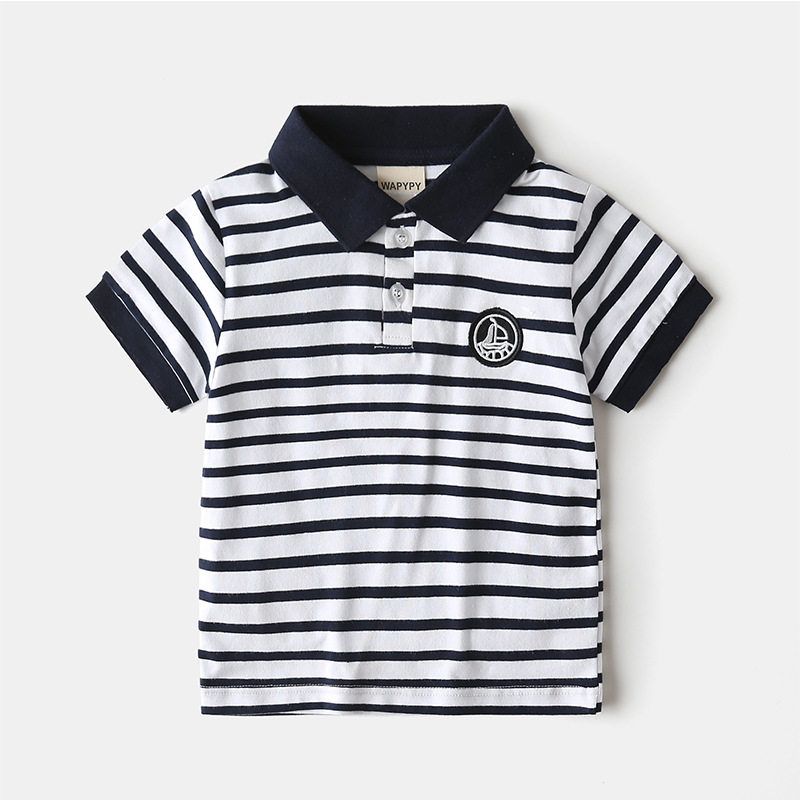 Kids Sailing Short-Sleeved T-shirt Children s Summer Clothing Boy Stripes Polo Collar Top Baby Boy Polo Shirt Half Sleeve Clothes White stripes 100 cm