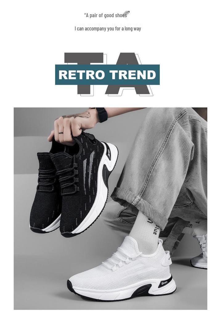 Men's 8CM Hidden Height Flyknit Running Shoes with Thick Platform Sole, Mesh Upper, White.