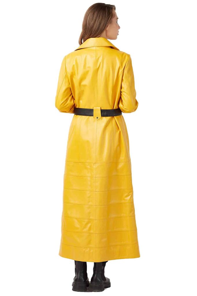 Handmade Women's Yellow Trench Coat Leather Genuine Lambskin Long Party Stylish