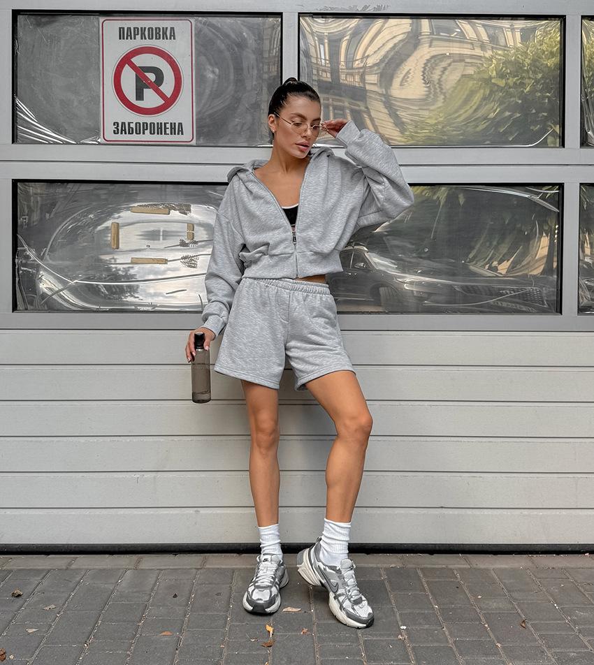 European and American fashion gray hooded sweatshirt set for women, 1116 autumn/winter sporty casual jacket and shorts, two-piece set for women