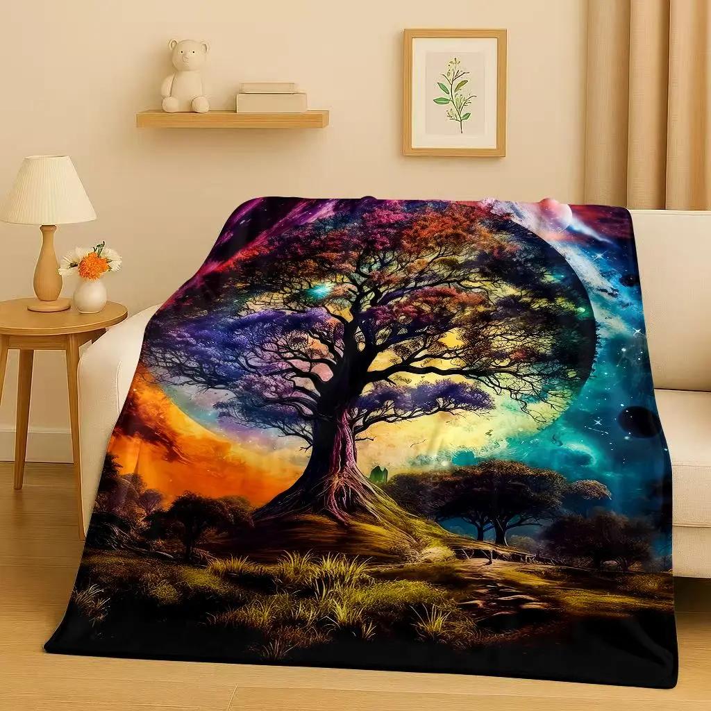 3D Retro Colorful Tree of Life Yggdrasil Celtic Rune Flannel Blanket,Ultra Soft Plush Throw for Home Bedroom Bed Sofa Cover Kids