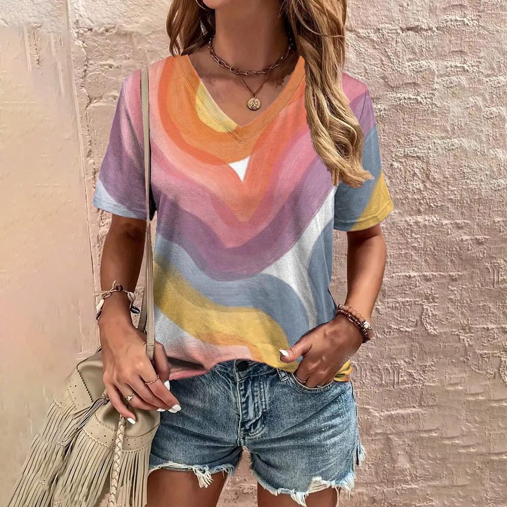 Modisches und einfaches, übergroßes, bequemes T-Shirt-Design für den Sommer, inspiriert vom geometrischen Muster, bedrucktes Damen-Oberteil mit V-Ausschnitt
