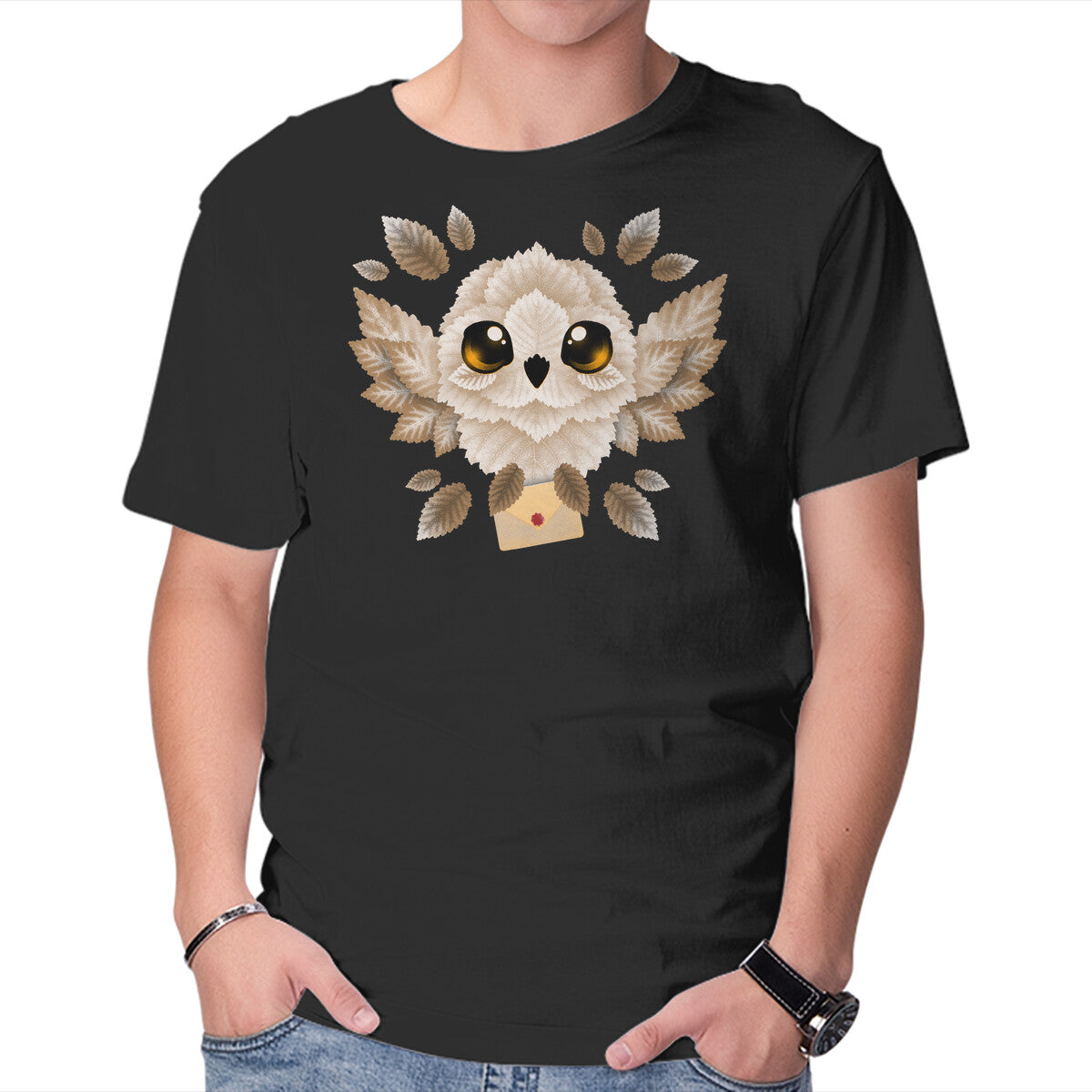 Unisex Crew Neck T-Shirt Owl Mail Of Leaves Graphic Short Sleeve Casual Tee XXXL