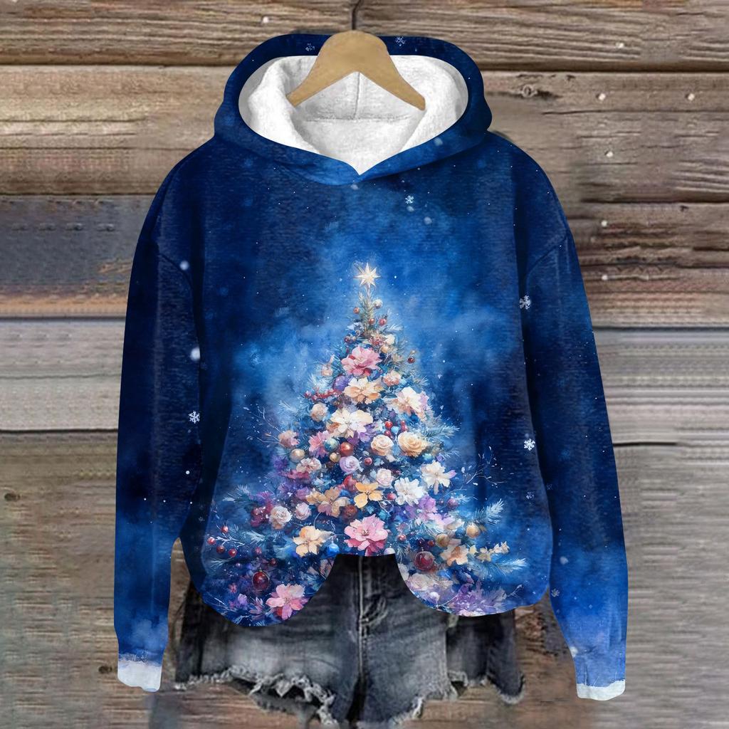 Women's Fashion Long Sleeve Christmas Print Loose Hooded Sweatshirt Top