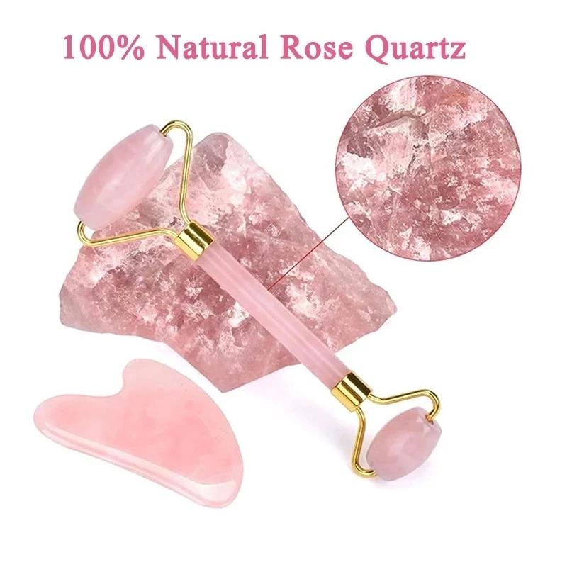 100% Natural Rose Quartz Jade Roller Gua Sha Massager Set Jade Stone Gouache Scraper Facial Massage Lifting SPA Anti Aging Tools