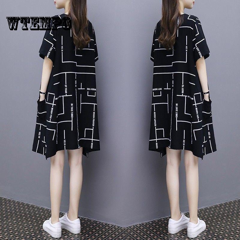 WTEMPO European Dress Female Summer 2019 Korean Fashion Print Plus Size Long Loose Thin A Word Dress