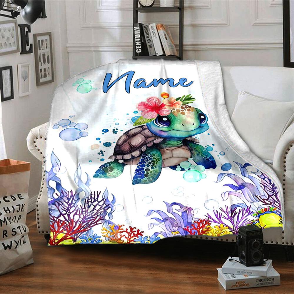 Sea Turtle With Flowers Home Customize Your Name Blankets Comfortable Soft Lightweight Multiseasonal Blanket For Picnics Sofas Offices Beds Living