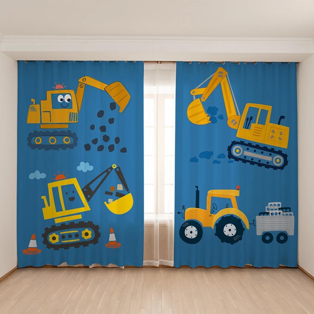 Ny Söt Blå Gul Leksaksbil Grävmaskin Gardin för Barnrum Pojksovrum Babyrum Fönster 2 Paneler Hög Skuggning Nytt Mönster