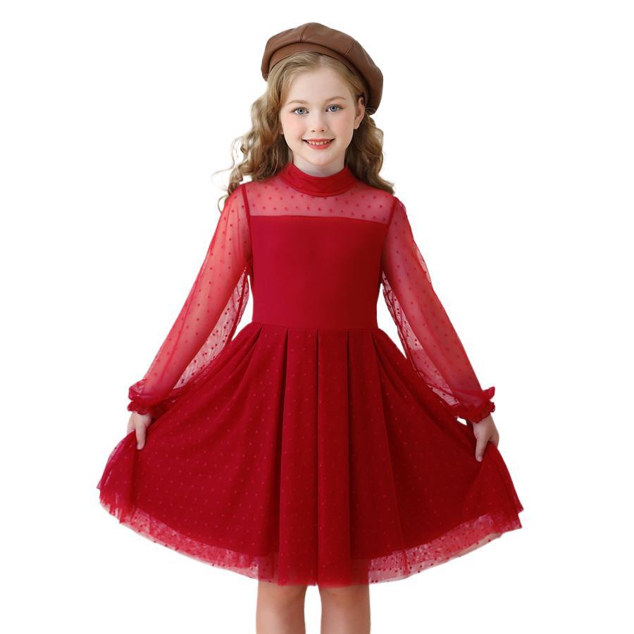 Long Sleeve Girls Dress Mesh Princess Dress Children's Lace Performance Dress Party Black Dress