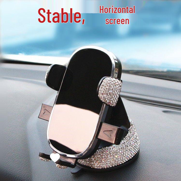 Rhinestone Car Phone Holder: Horizontal Suction Cup for Center Console, Multi-Functional Navigation Support