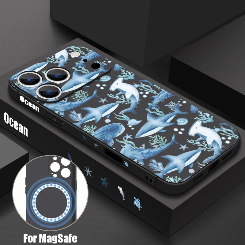 Magnetic For Magsafe Case For iPhone 17 Pro Max Whale Fish Print Soft Silicone Phone Back Cover For iPhone 16 15 14 13 Pro Max 16e 17e