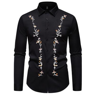 Spring Men's Flower Embroidery Long Sleeve Shirt Casual Exquisite Embroideried Solid Business Office Shirts Male Party Nightclub