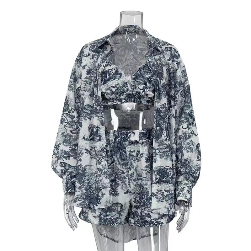 

Western Style Print Shirts Sling Shorts Three-Piece Printed Fashion Three Piece Set Blue (three-piece) L