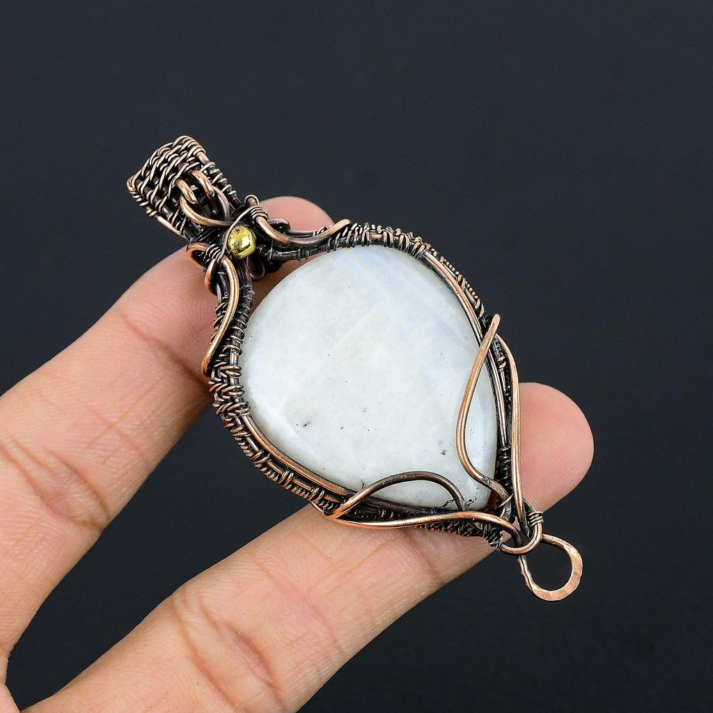 Rainbow Moonstone Pendant Gemstone Jewelry, 999 Copper Wire Wrapped Pendant, Handmade Beautiful Jewelry Pendant