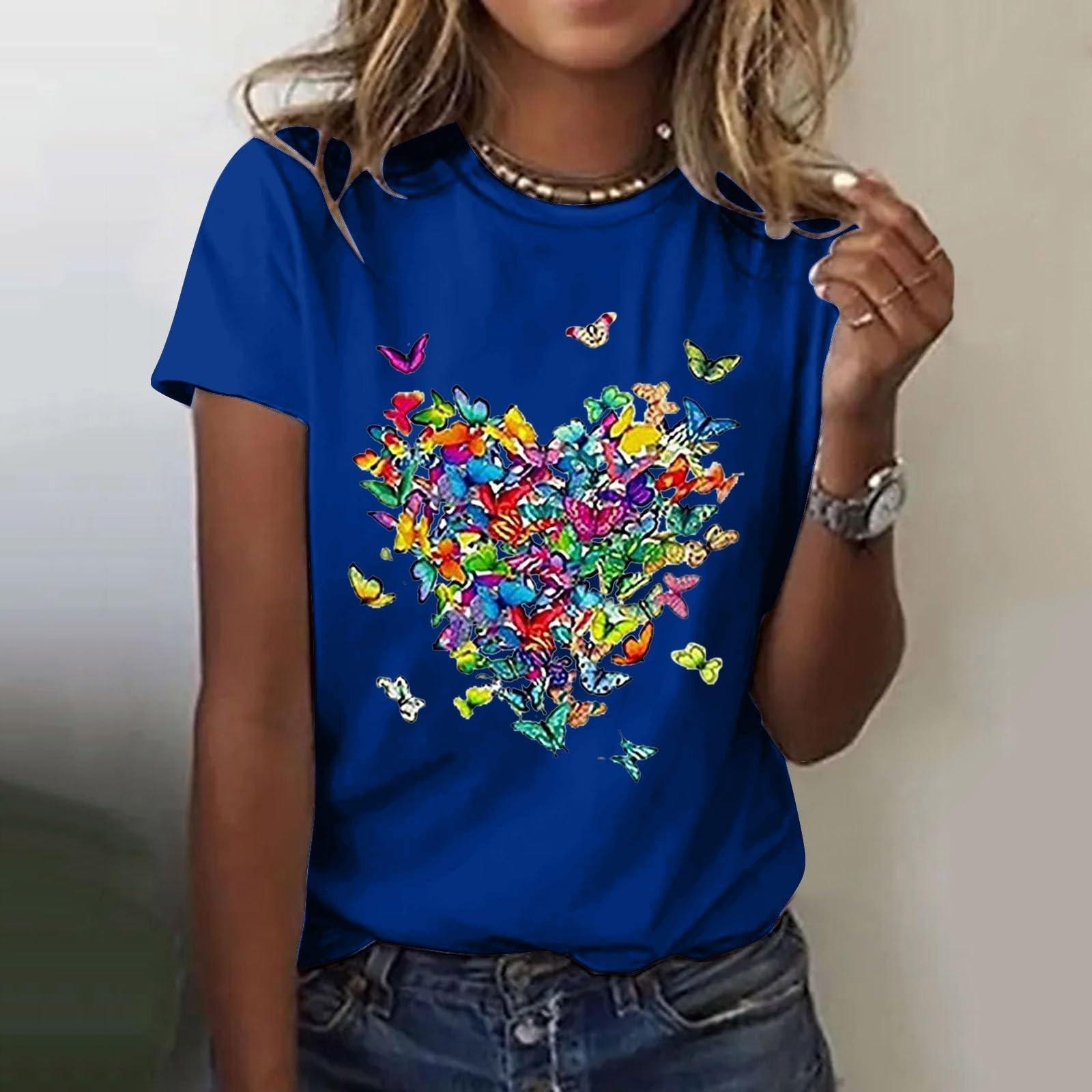 

Женская повседневная футболка с короткими рукавами и круглым вырезом с цветочным принтом Топ M синий