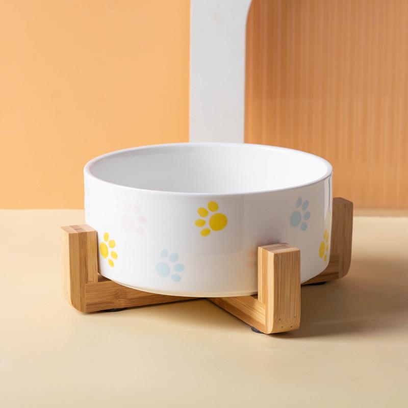 Non-Slip Ceramic Cat and Dog Bowl with Wooden Stand - Black, High-Footed Design for Cervical Spine Protection