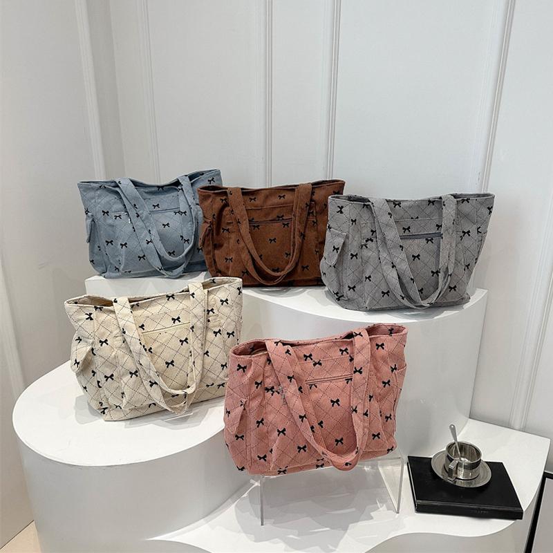 Women Corduroy Tote Bag Stylish Large Capacity Casual Commuting Bag Bow Pattern Design Simple Shopping Bag Chic Handbags CLE