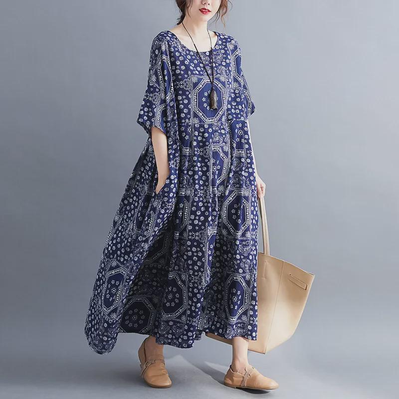 Retro Floral Loose-Fit Midi Dress for Plus Size Women - Spring & Autumn