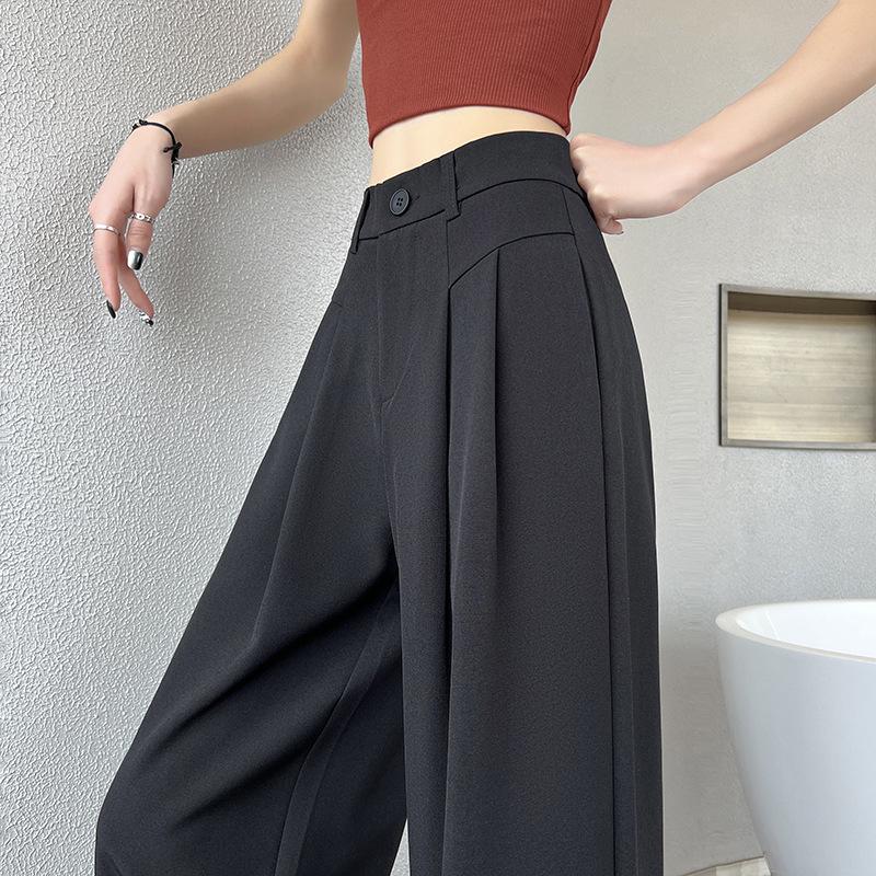 Gray High-Waisted Slimming Wide-Leg Suit Pants - Women's Versatile Loose Floor-Length Trousers for Spring and Summer