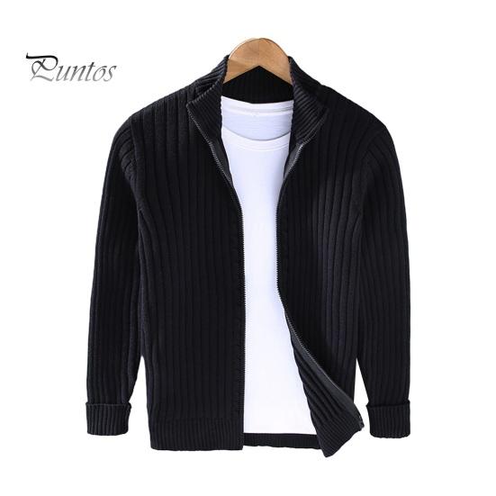 Fall Winter Men Coat Zipper Closure Knitted Cardigan Stand Collar Long Sleeves Solid Color Thick Elastic Loose Striped Texture Daily Wear Knit Jacket
