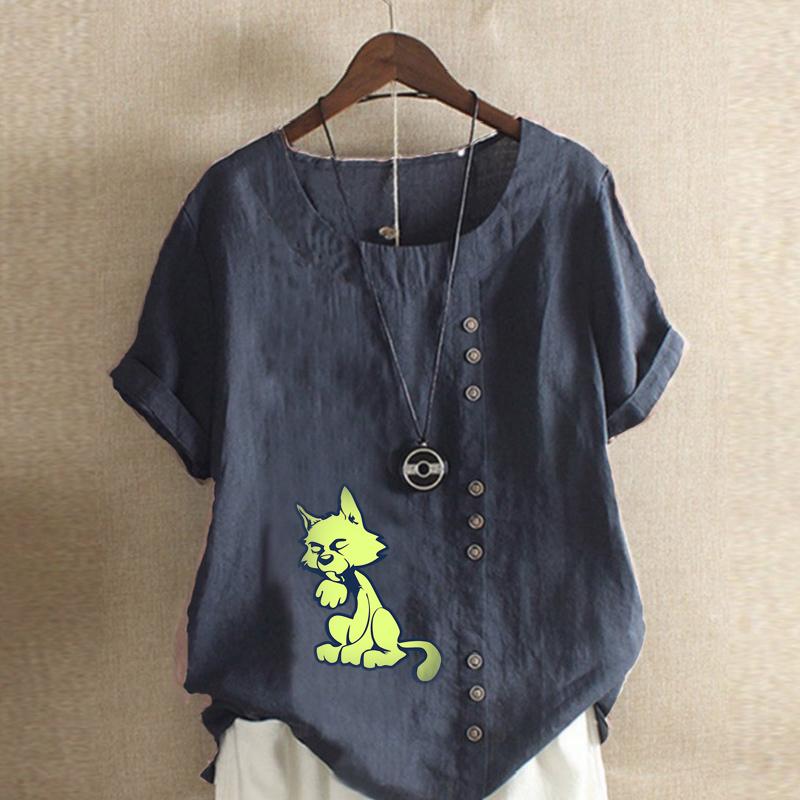 Women's Fashion Fox Print Short Sleeve T-shirt Loose Cotton Shirt Casual Loose Summer Blouse Tops Plus Size