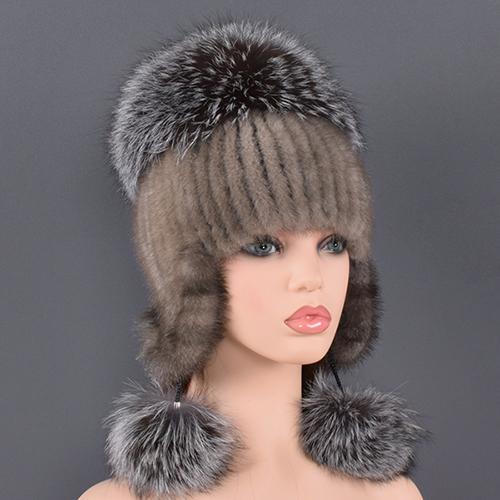 Natural Fur Hat For Women Real Mink Fur and Fox Fur Handmade Winter Female Cap Genuine Fur Lined Beanies Big Fox Fur Pompom Hats