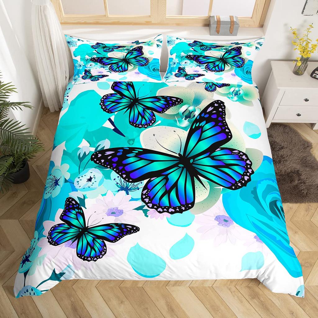 Blue Butterfly Duvet Cover Set for Girls, Mandala Bedding Boho Floral Bedroom Comforter Cover Butterfly Print King Quilt Covers