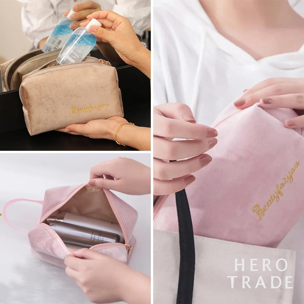 Hiro World Trade Velour Makeup Pouch Cute for Cosmetic Pouch 4-Piece Set, Women, (Blue)