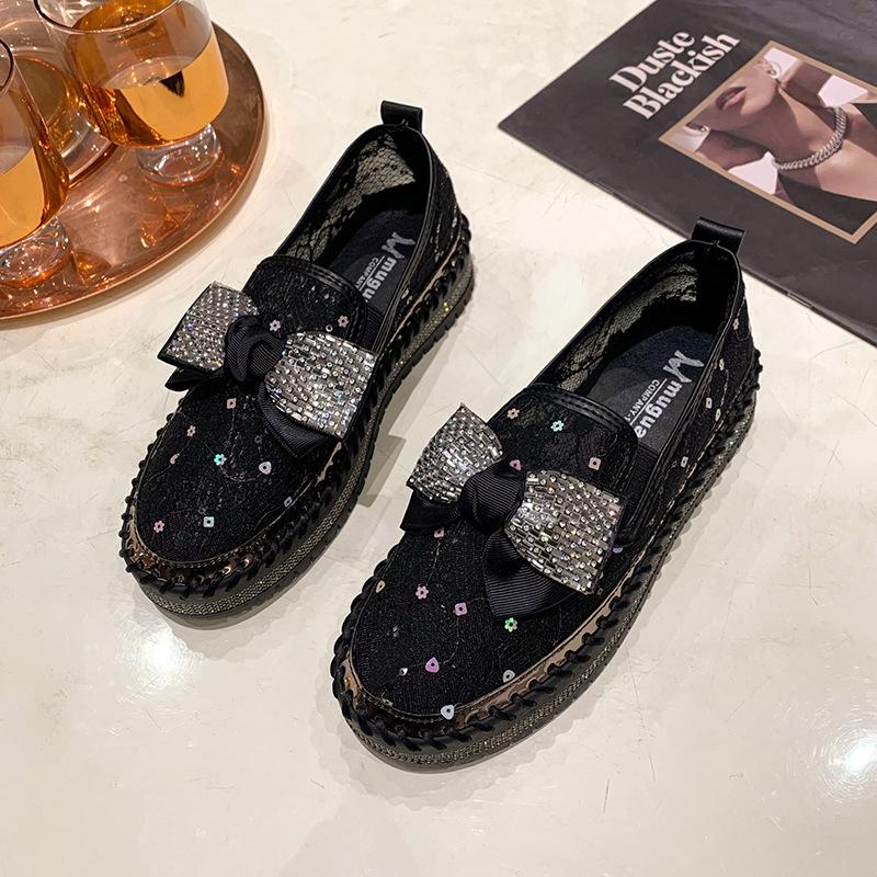 Fashion Women's Sandals 2025 Summer New Chunky Bottom Soft Hollo Out Mesh Flat Shoes Rhinestone Bow Breathable Sneakers Zapatillas Mujer